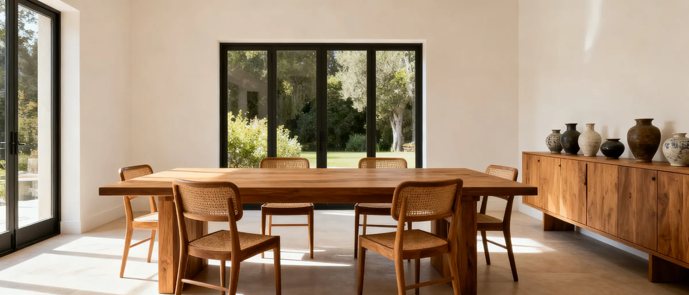 A dining room with a solid wood table and six chairs in soft afternoon light