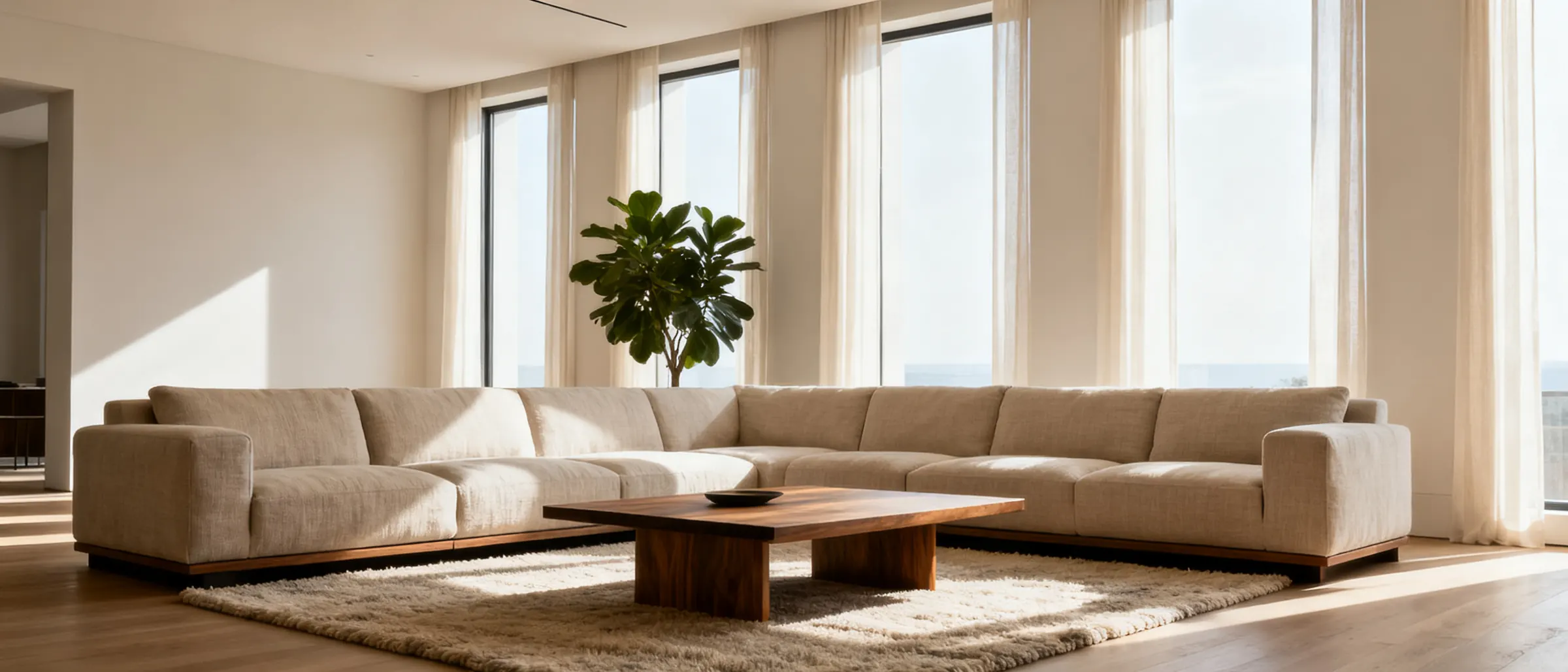 A sunlit living room with a deep linen sofa, a walnut coffee table and tall windows