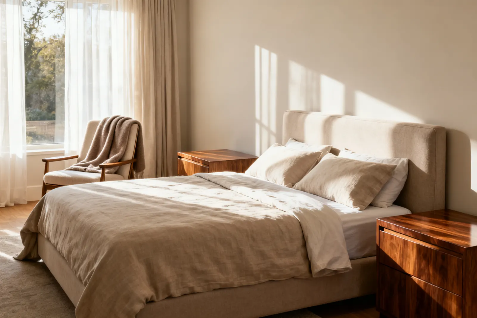 A calm bedroom with an upholstered bed, oak nightstands and morning light
